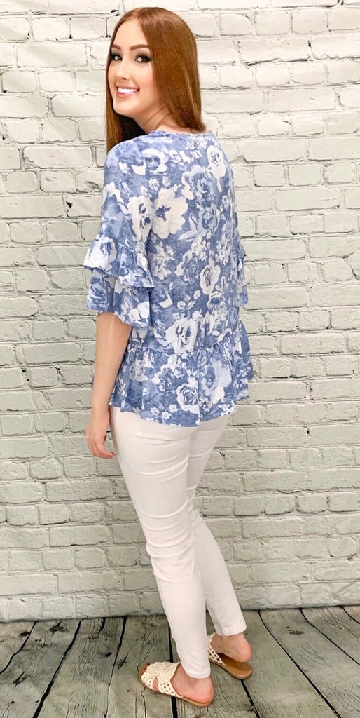 Blue Ruffles Blouse (S-3X)
