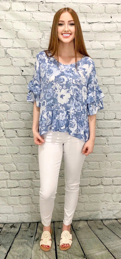 Blue Ruffles Blouse (S-3X)