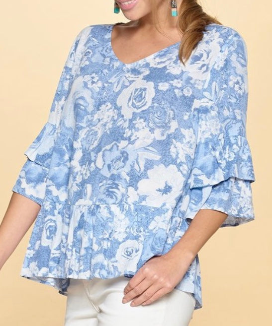 Blue Ruffles Blouse (S-3X)