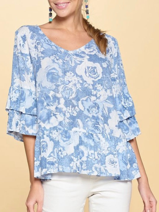 Blue Ruffles Blouse (S-3X)