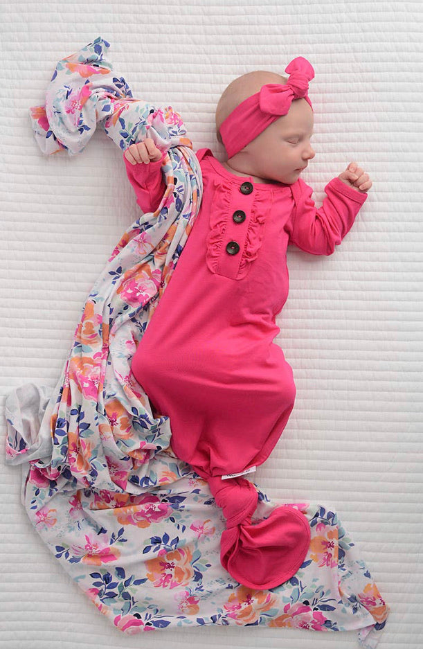 Penelope Raspberry knotted button newborn gown and headband (Gigi & Max)