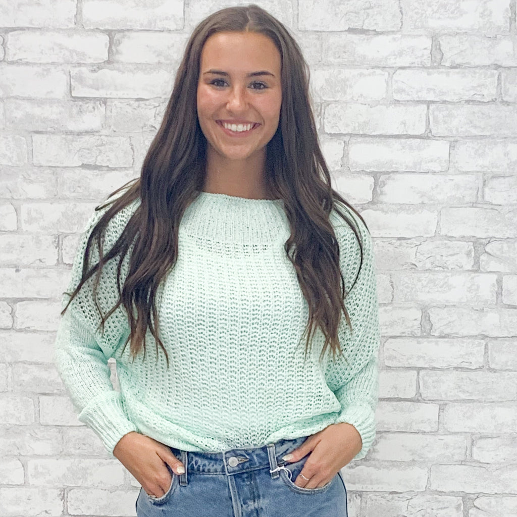 Mint Off the Shoulder Spring Time Sweater (S-L)