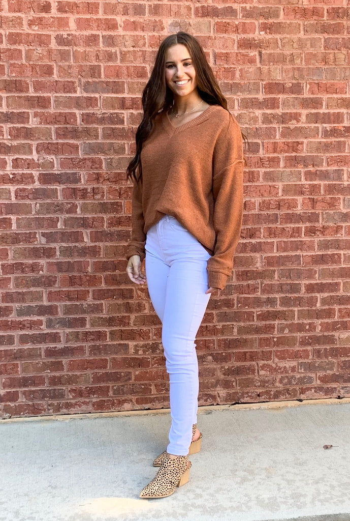 V Neck Long Sleeve Seam Detail Sweater (S-L)
