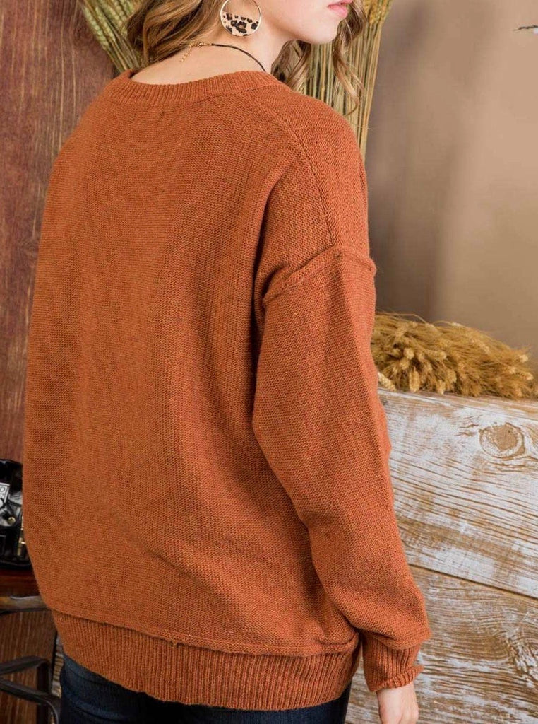 V Neck Long Sleeve Seam Detail Sweater (S-L)