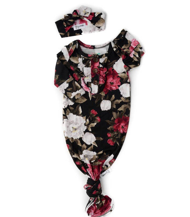 Emma Floral knotted button newborn gown and headband (Gigi & Max)