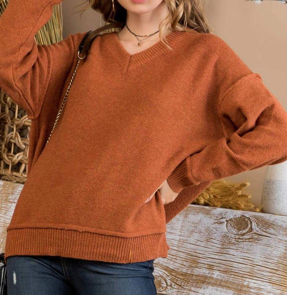 V Neck Long Sleeve Seam Detail Sweater (S-L)