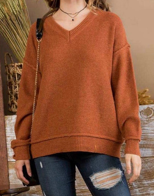 V Neck Long Sleeve Seam Detail Sweater (S-L)
