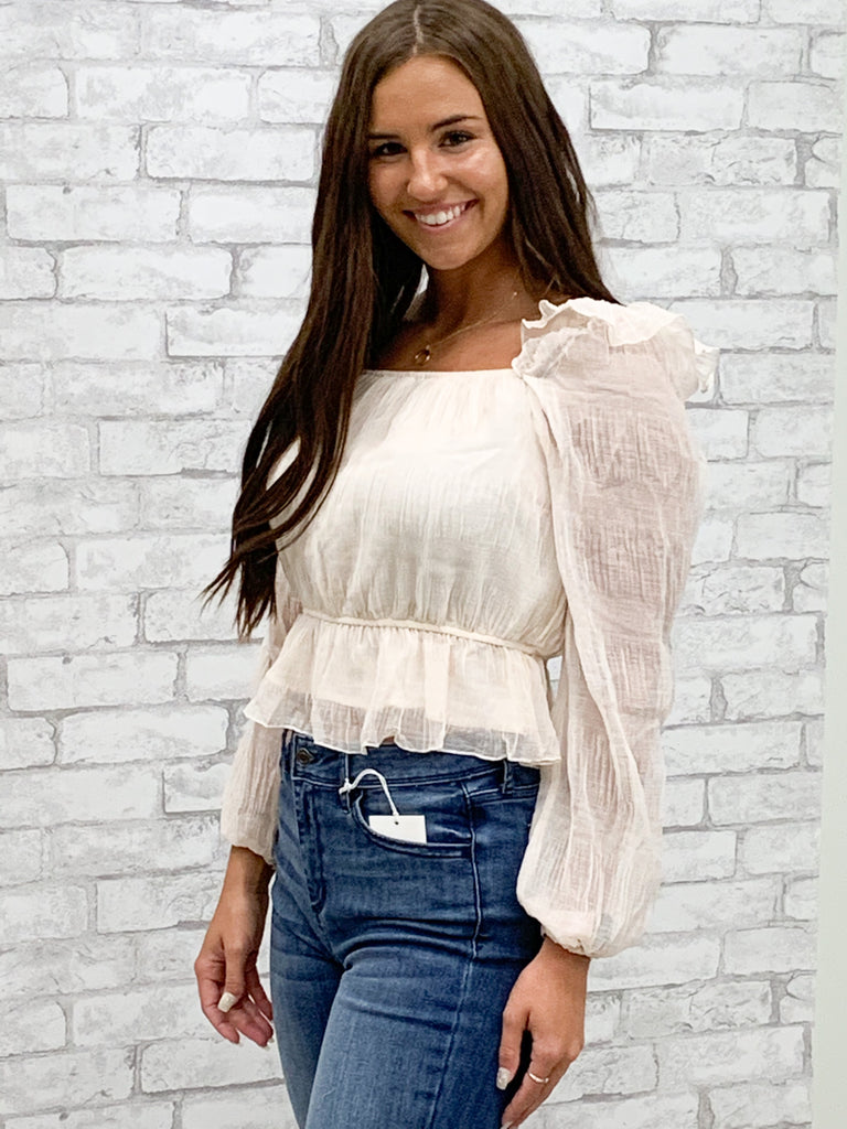 SQUARE NECK 3/4 SLEEVE PEPLUM TOP
