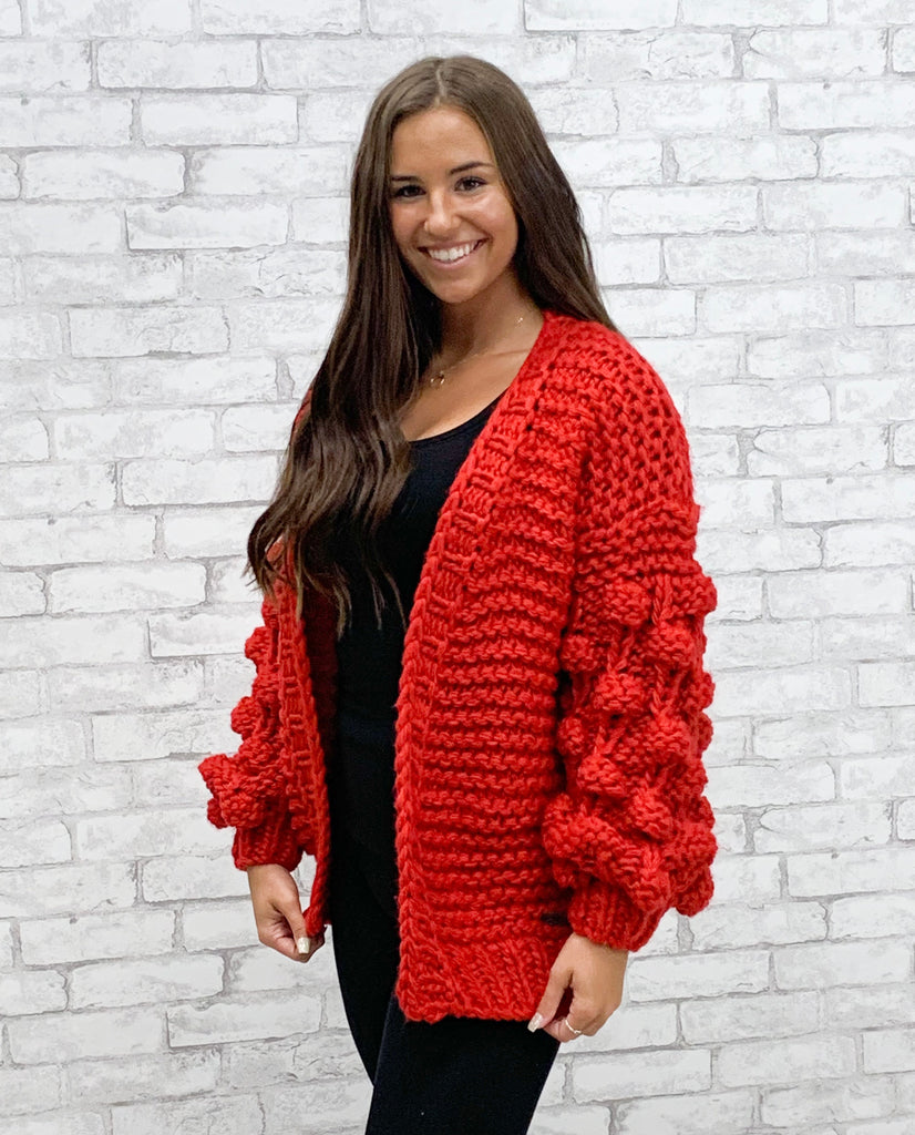 Red Pom Pom Cardigan (S-L)