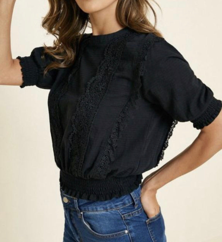 Black Lace Puff Sleeve Top