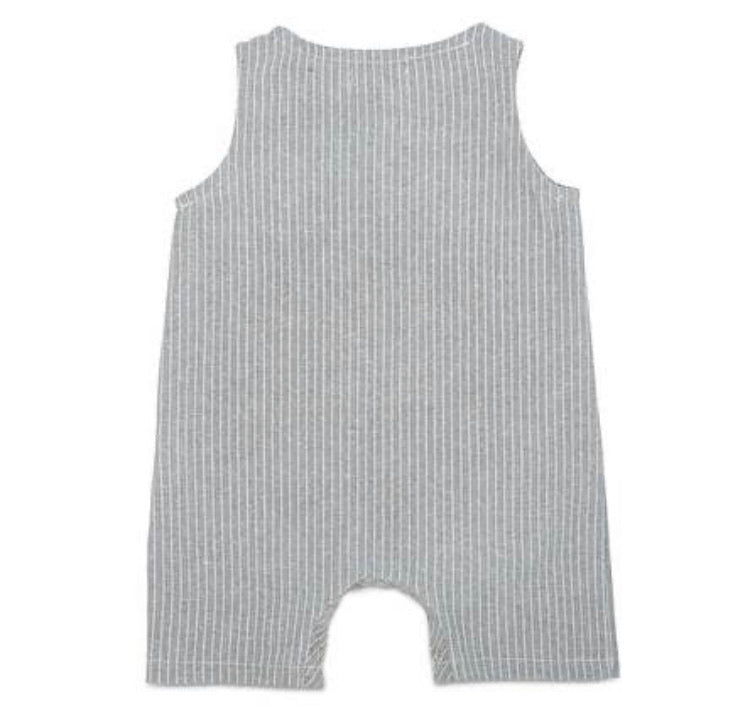 Grey & White Striped Sleeveless Crop Linen Baby Romper (Babe Basics)