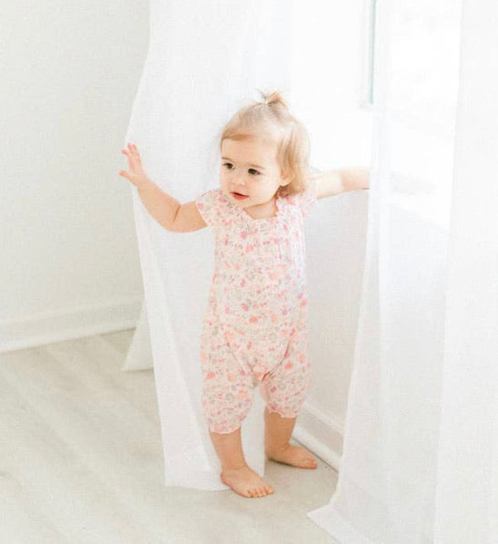 Angel-Sleeve Romper—Caroline Floral on Coral (Feather Baby)