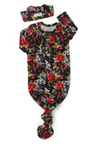 Black & Red Floral knotted button newborn gown and headband (Gigi & Max)
