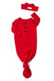 Bright red knotted button newborn gown and headband (Gigi & Max)