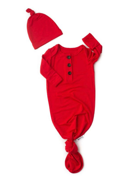 Bright red knotted button newborn gown and hat (Gigi & Max)