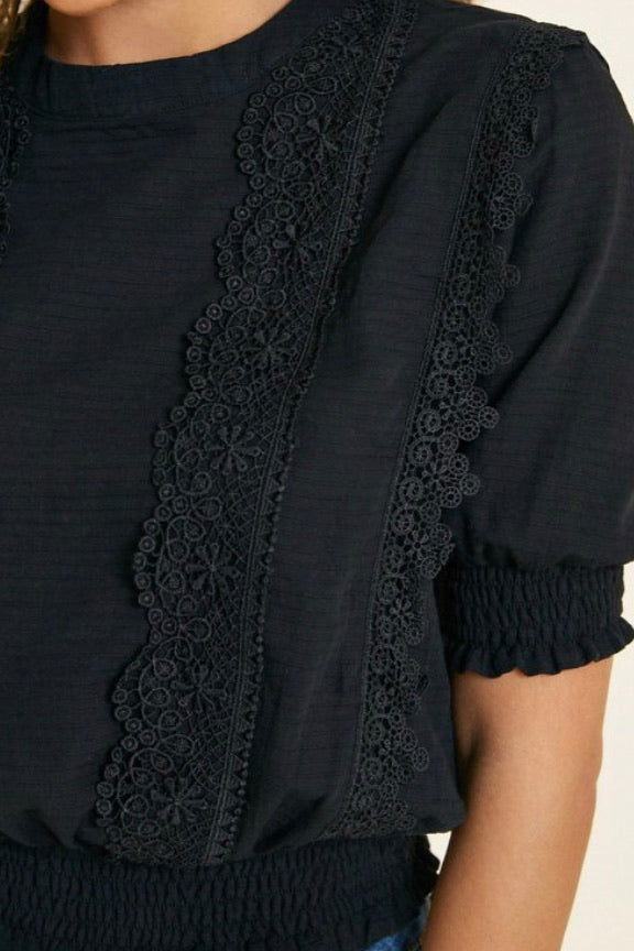 Black Lace Puff Sleeve Top