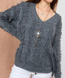 Scoop Neck Long Sleeve Fringe Detail Sweater(S-L)