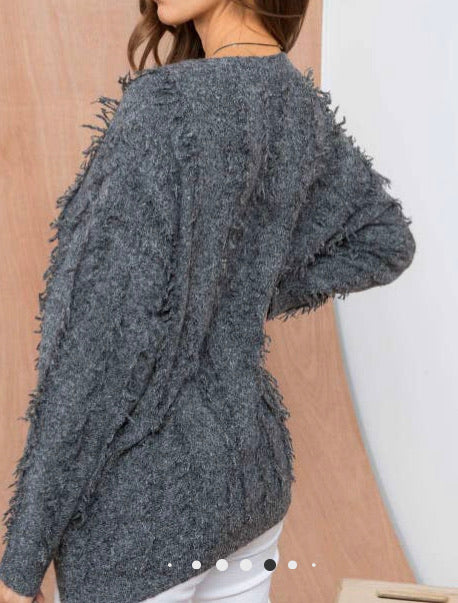Scoop Neck Long Sleeve Fringe Detail Sweater(S-L)