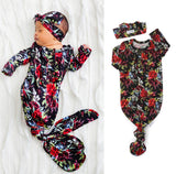 Black & Red Floral knotted button newborn gown and headband (Gigi & Max)