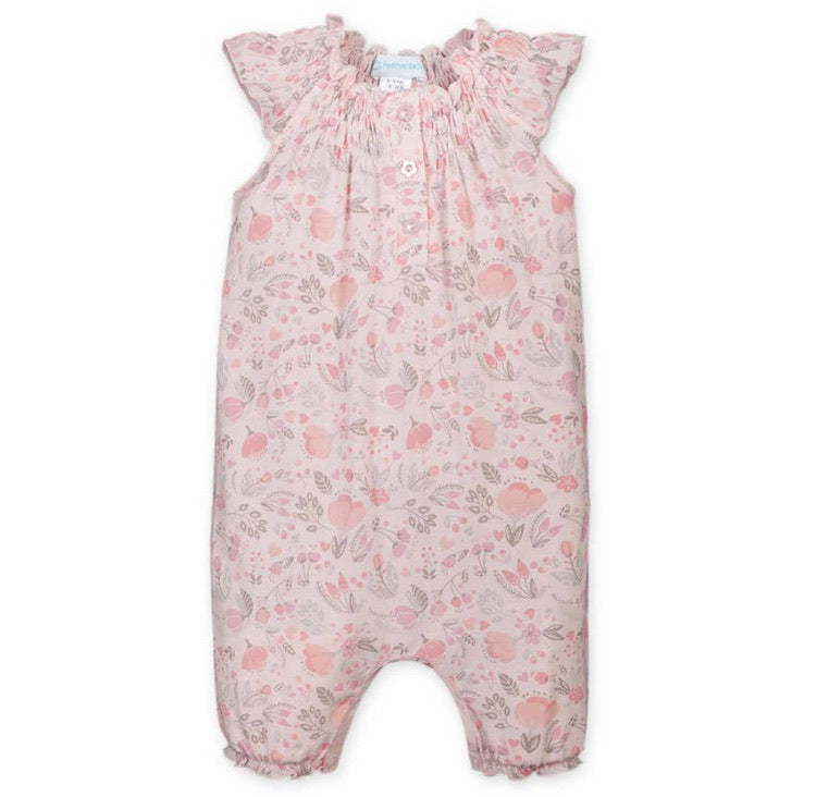 Angel-Sleeve Romper—Caroline Floral on Coral  (Feather Baby)