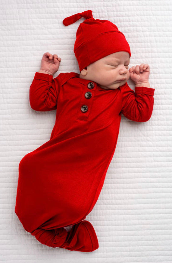 Bright red knotted button newborn gown and hat (Gigi & Max)