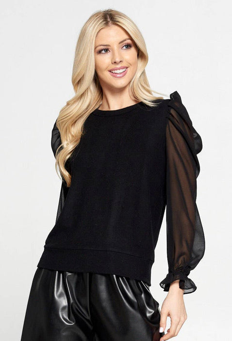 Solid Sheer Puff Sleeve Top with Ruffle Cuff(S-L)