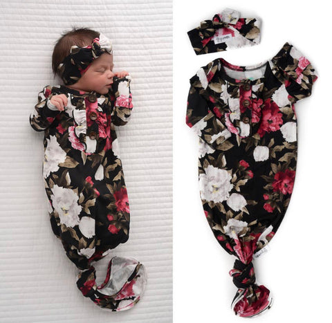 Light Pink Ruffle knotted newborn gown and headband (Gigi & Max)