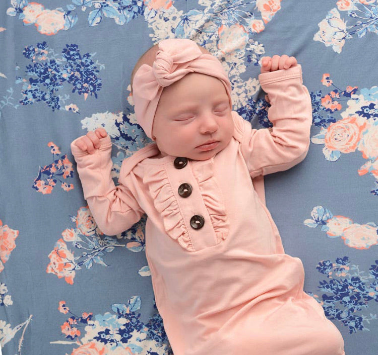 Light Pink Ruffle knotted newborn gown and headband (Gigi & Max)