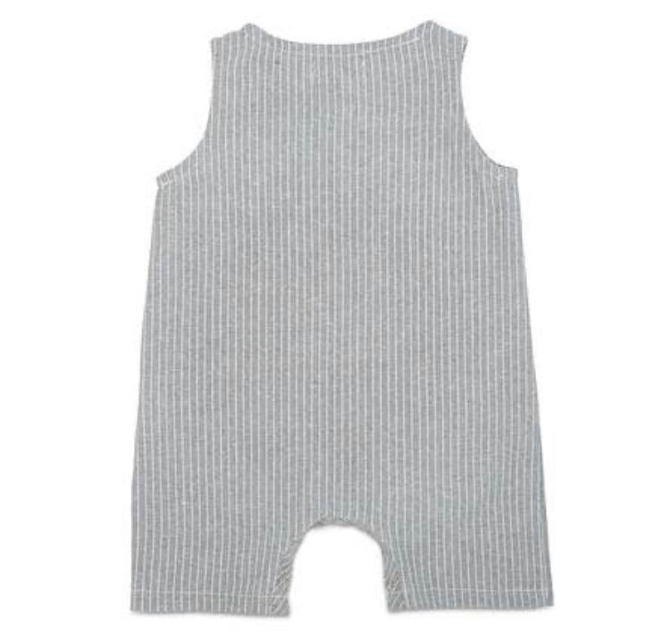 Grey & White Striped Sleeveless Crop Linen Baby Romper  (Babe Basics)